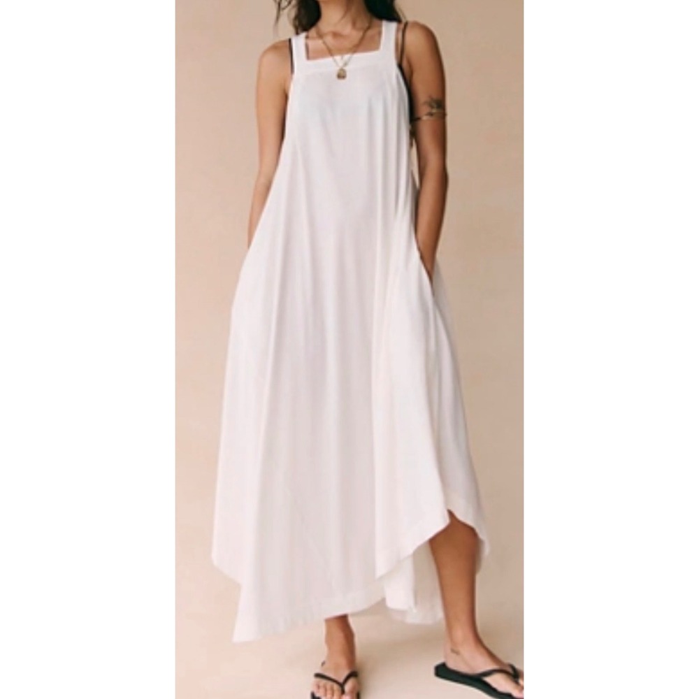 Free People NWT White Cotton Maxi Dress w/ Square Neck Racerback Pockets - XS